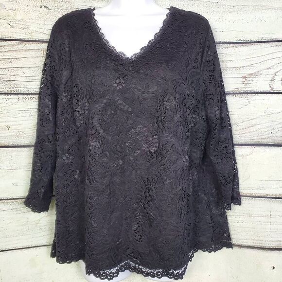 Roz & Ali Woman’s Black Lace Long Sleeve Top Blouse 1X - Picture 1 of 7